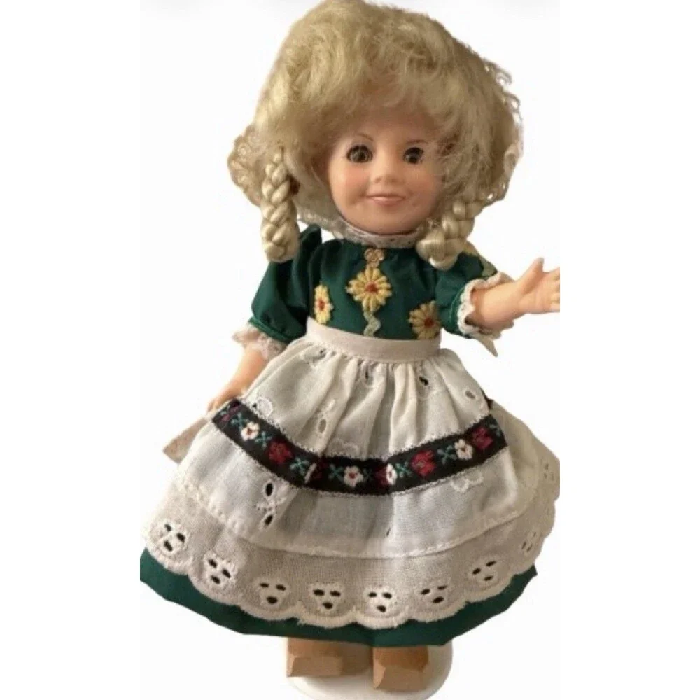 Vintage 1982 Ideal 8” Shirley Temple Dressed as Heidi Doll Wooden Shoes W/Stand